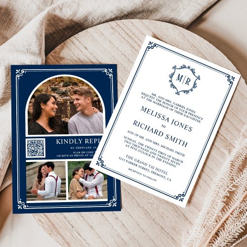 Monogram QR Code Photo Collage Navy Blue Wedding Invitation
