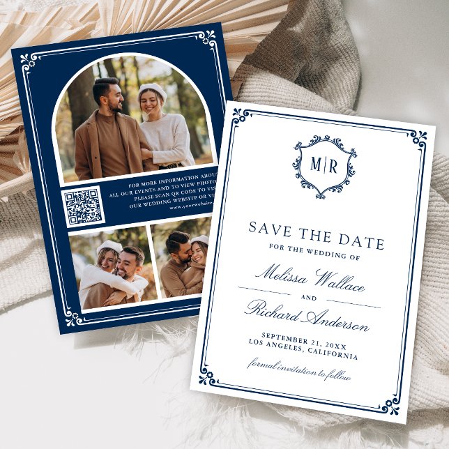Monogram QR Code Photo Collage Navy Blue Wedding Save The Date (Creator Uploaded)