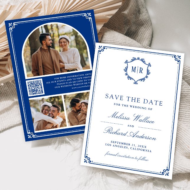 Monogram QR Code Photo Collage Royal Blue Wedding Save The Date (Creator Uploaded)