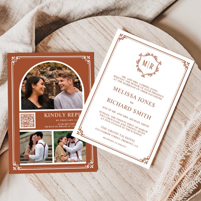 Monogram QR Code Photo Collage Terracotta Wedding Invitation (Creator Uploaded)