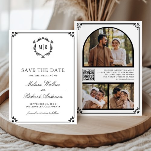 Monogram QR Code Photo Collage White Black Wedding Save The Date