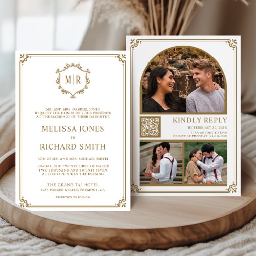 Monogram QR Code Photo Collage White Gold Wedding Invitation
