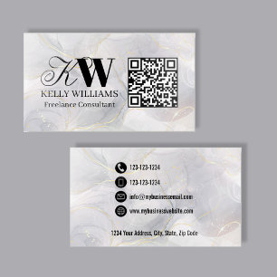 Monogram QR Code Raised Gloss Silver Marble Spot UV Business Card