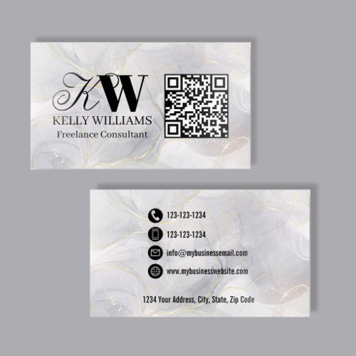 Monogram QR Code Raised Gloss Silver Marble Spot UV Business Card