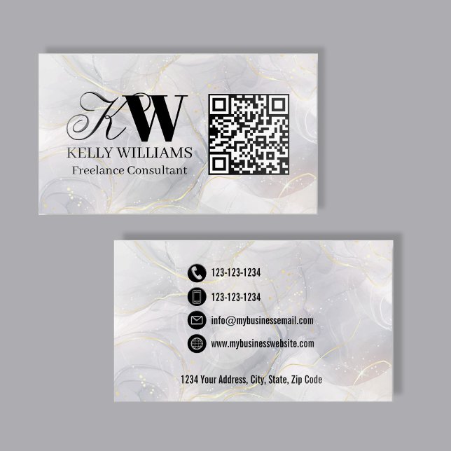 Monogram QR Code Raised Gloss Silver Marble Spot UV Business Card (Silver blue marble raised gloss card with monogram and custom QR code.)