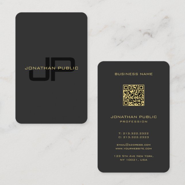 Monogram QR Code Template Black And Gold European Business Card (Front/Back)