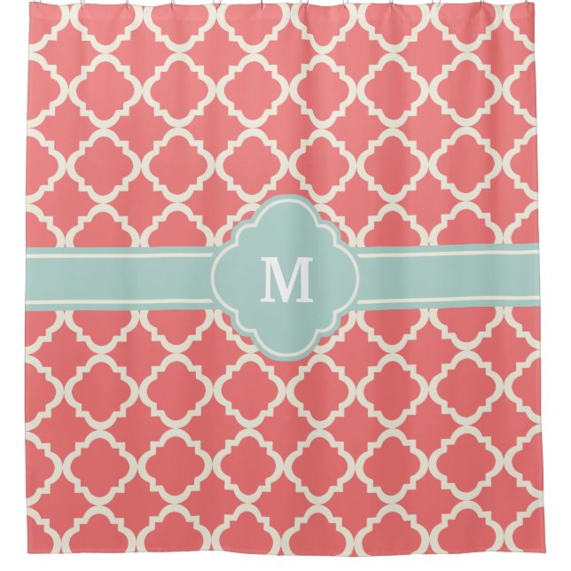 Monogram Quatrefoil Coral Mint Pattern Shower Curtain (Front)