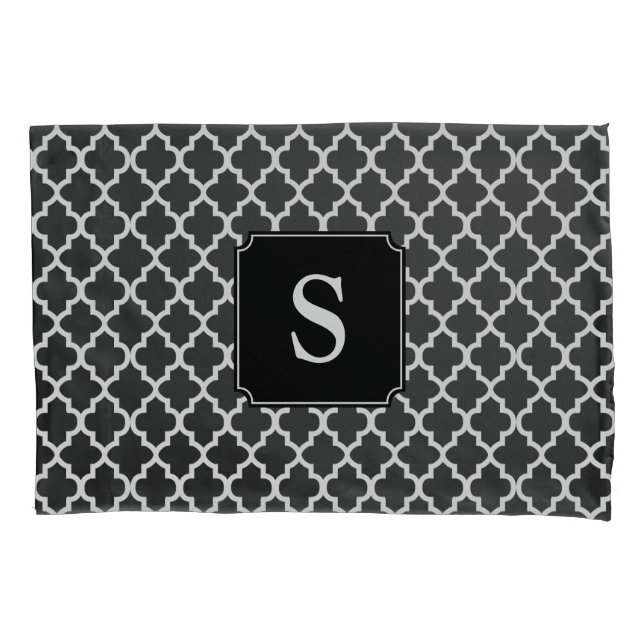 Monogram Quatrefoil in Black and White Pillow Case (Front)