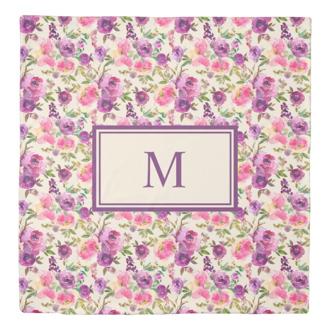 Monogram Queen Purple Pink Roses Floral Flowers  Duvet Cover (Front)