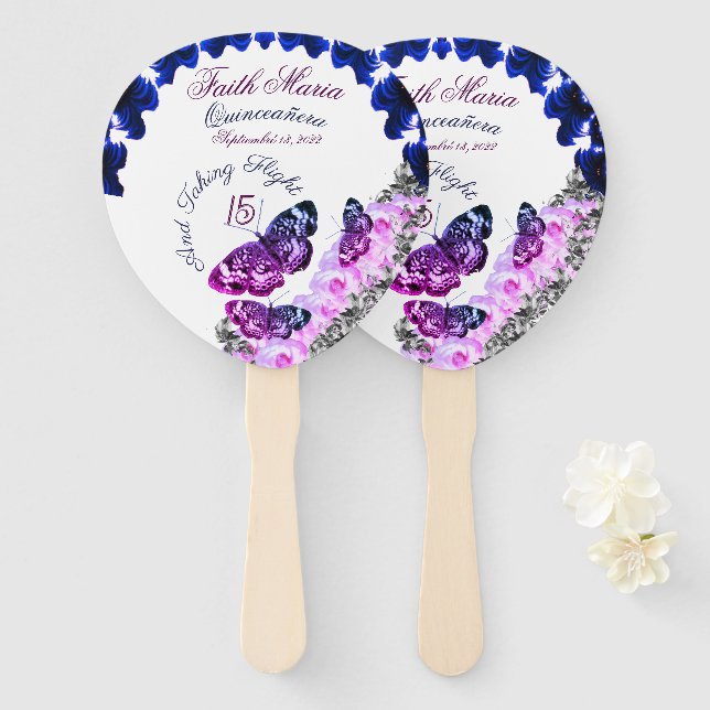 Monogram Quinceañera 15 Taking Flight Butterfly Hand Fan (Front and Back)