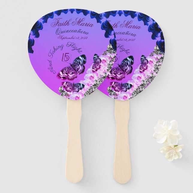 Monogram Quinceañera 15 Taking Flight Butterfly Hand Fan (Front and Back)