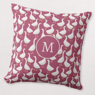 Monogram Quirky White Goose Berry Red Cottagecore Throw Pillow