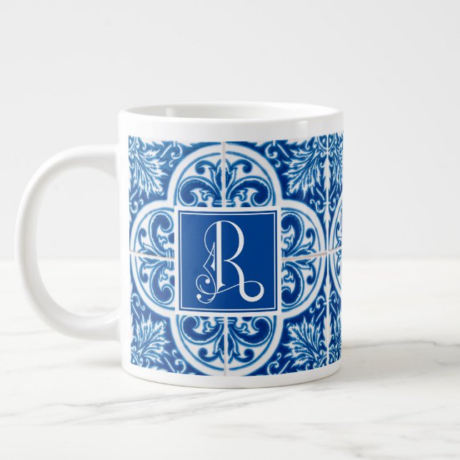 Monogram R, Classic Blue Tile Design Giant Coffee Mug (Left)
