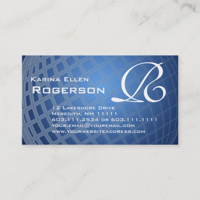 Monogram R Elegant Blue International Globe Business Card (Front)