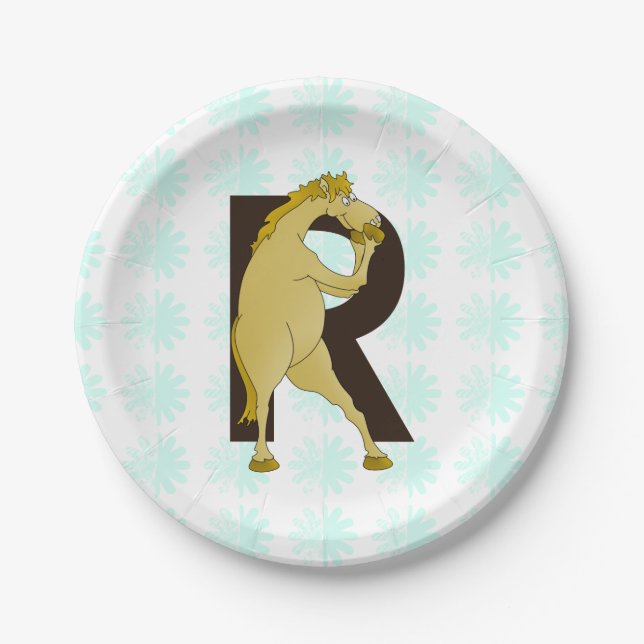Monogram R Funny Pony Personalised Paper Plates (Front)
