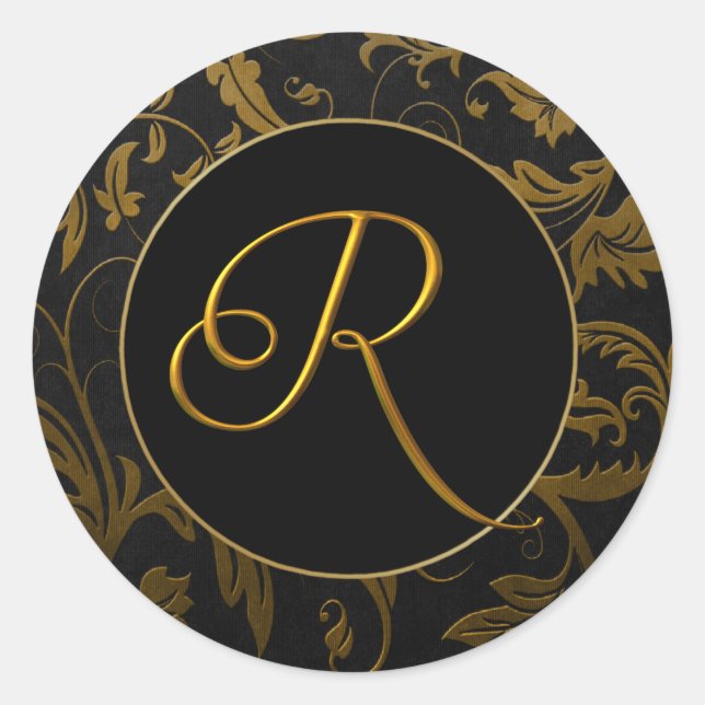 Monogram R Gold and Black Damask Wedding Seal (Front)