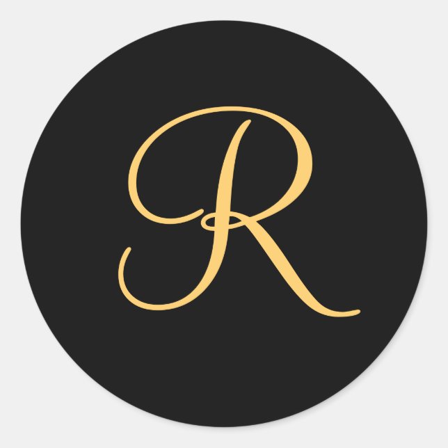 Monogram R,  gold colored initial R on black, Classic Round Sticker (Front)