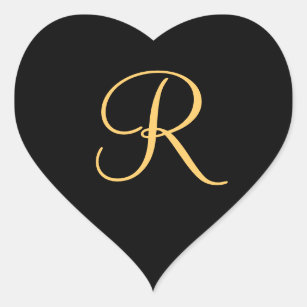 Monogram R,  gold colored initial R on black, Heart Sticker
