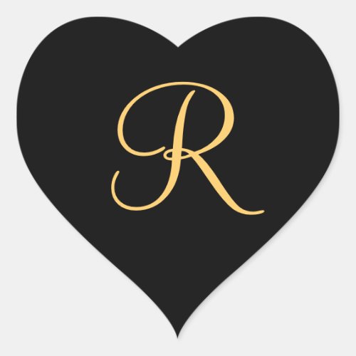 Monogram R  gold colored initial R on black Heart Sticker