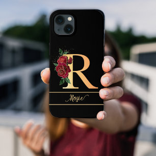 Monogram R golden custom name red roses black iPhone 13 Case