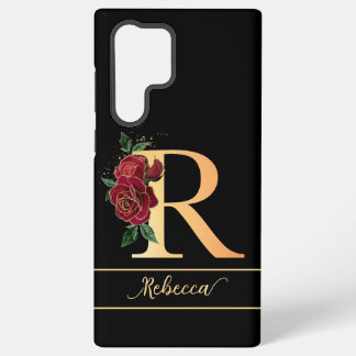 Monogram R golden custom name red roses black Samsung Galaxy S22 Ultra Case