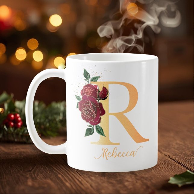 Monogram R golden custom name red roses  Coffee Mug (Monogram R golden custom name red roses Coffee Mug)