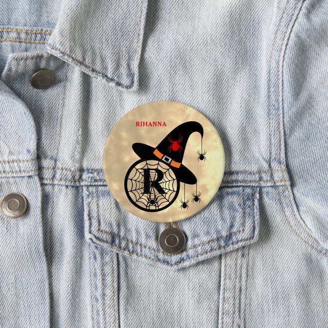 Monogram R Halloween Sky Witch Spiders Name Button (In Situ)