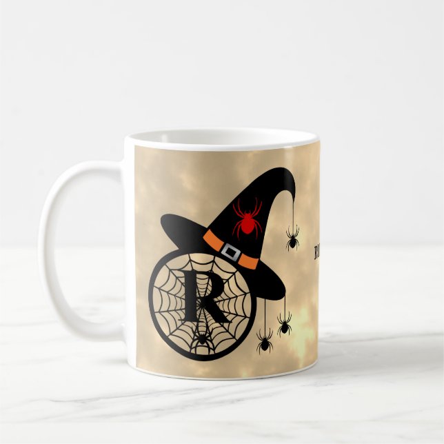 Monogram R Halloween Sky Witch Spiders Name Coffee Mug (Left)