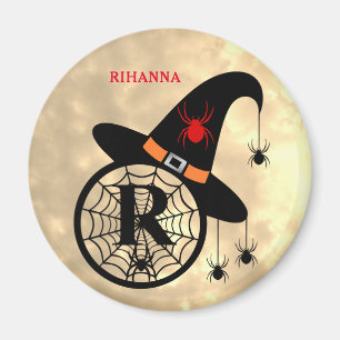 Monogram R Halloween Sky Witch Spiders Name Magnet