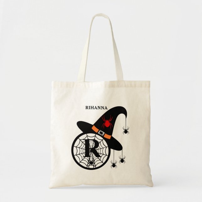Monogram R Halloween Witch Spiders Your Name Tote Bag (Front)