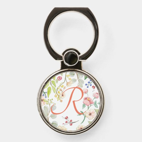 Monogram R Modern Watercolor Pink n White Floral Phone Ring Stand