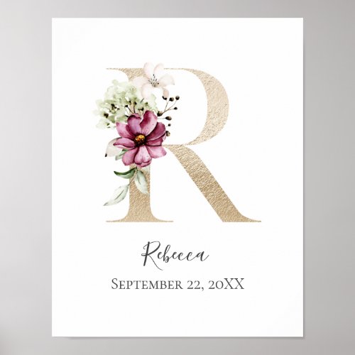 Monogram R Pink White Floral Gold Letter Nursery Poster