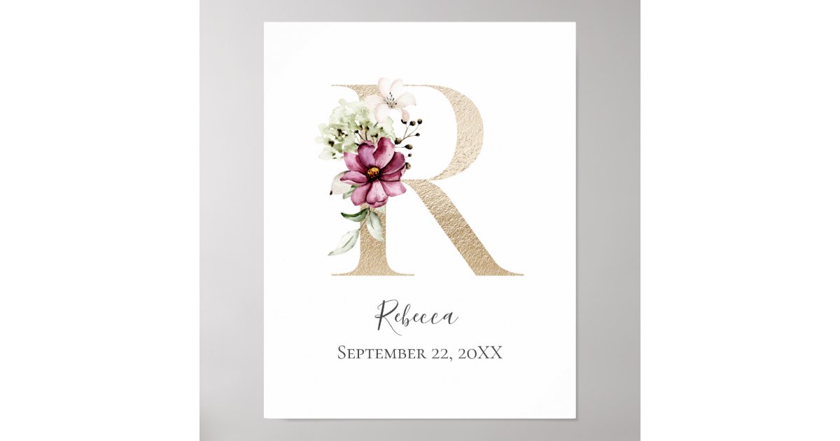 Pink R Monogram Monogram R Pink White Floral Gold Letter Nursery Poster | Zazzle