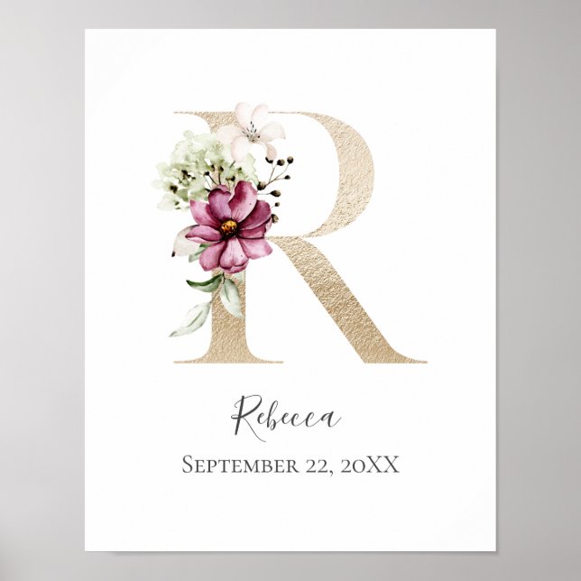 Monogram R Pink White Floral Gold Letter Nursery Poster (Front)