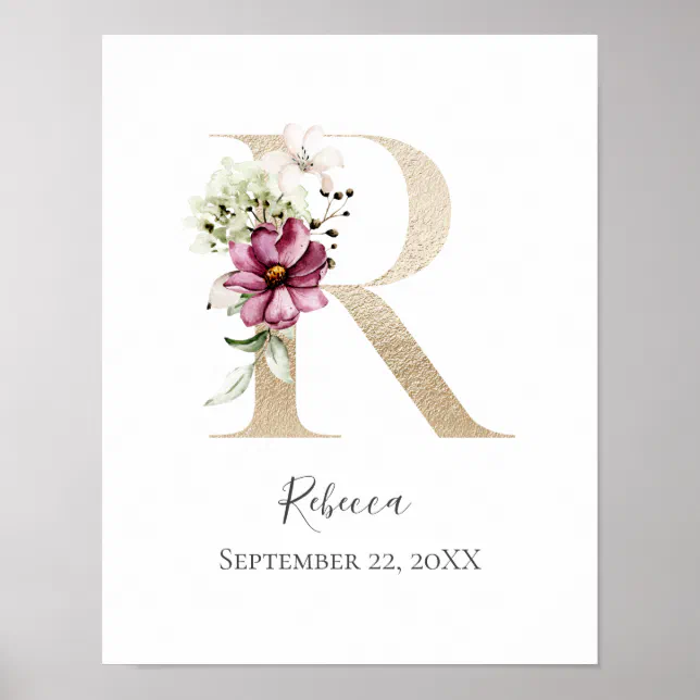 Pink R Monogram Monogram R Pink White Floral Gold Letter Nursery Poster | Zazzle