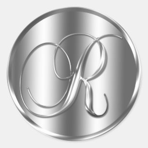Monogram R Silver Color Wedding Invitation Holiday Classic Round Sticker