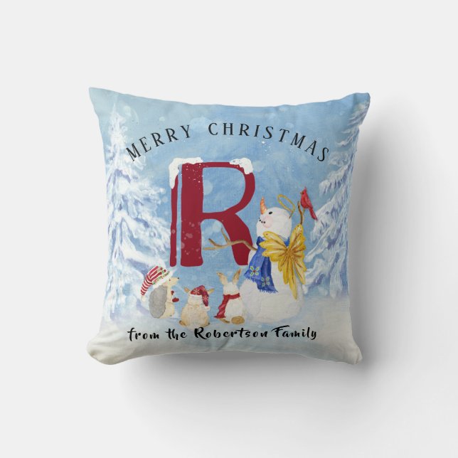 Monogram R Snowy Snowman Angel Hedgehog Rabbits Throw Pillow (Front)