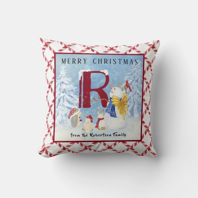 Monogram R Snowy Snowman Angel Hedgehog Rabbits Throw Pillow (Front)