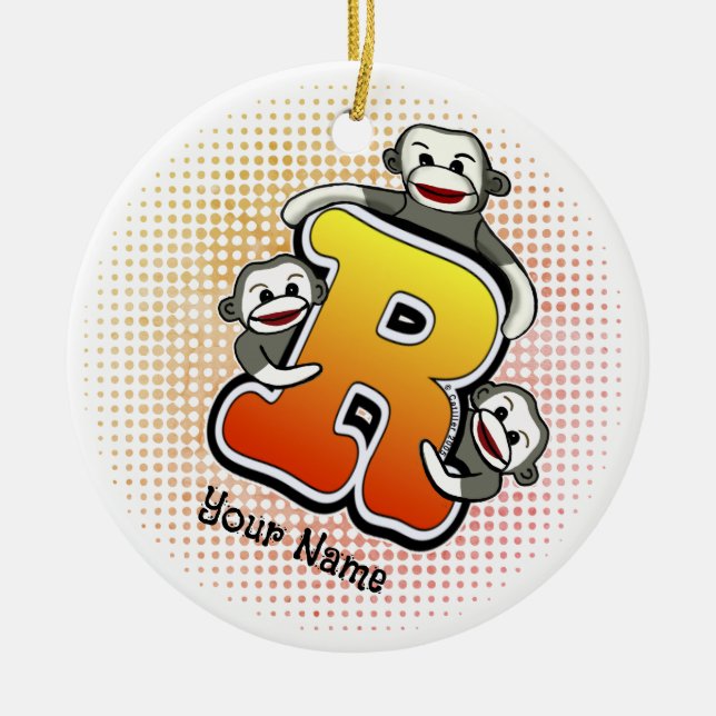 Monogram R Sock Monkey  Ceramic Ornament (Front)