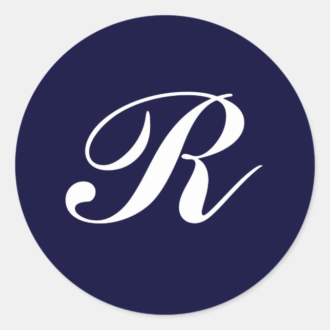Monogram R, white script on navy blue Classic Round Sticker (Front)