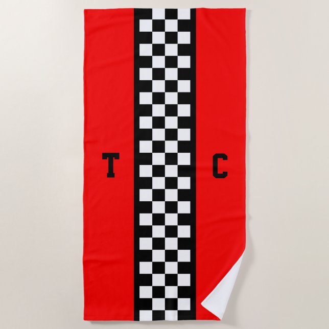 Monogram Race Car Checkered Pattern with Red Beach Towel (Front)