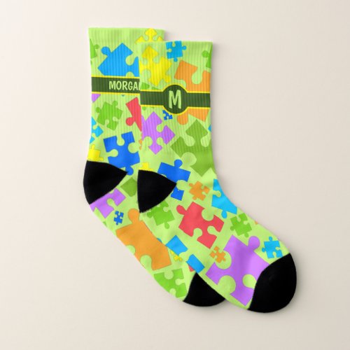 MONOGRAM Rainbow Autism Puzzle Pieces on GREEN Socks