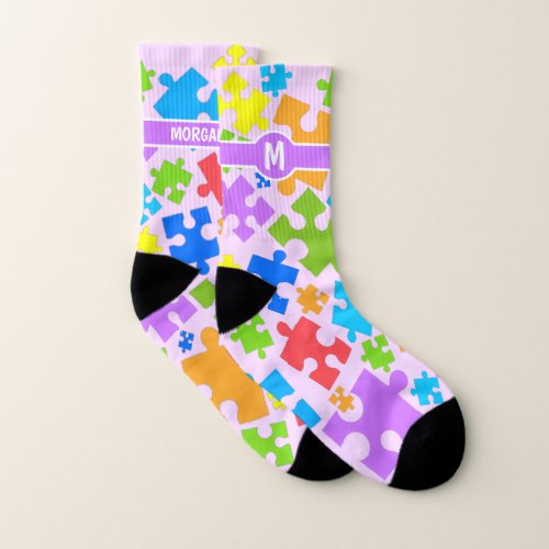 MONOGRAM Rainbow Autism Puzzle Pieces on PINK Socks
