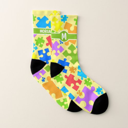 MONOGRAM Rainbow Autism Puzzle Pieces on YELLOW Socks