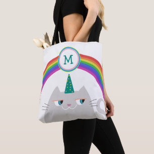 Monogram Rainbow Cat Tote Bag Cute Unicorn