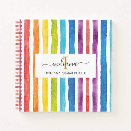 Monogram Rainbow Colorful Stripes Name Watercolor  Notebook