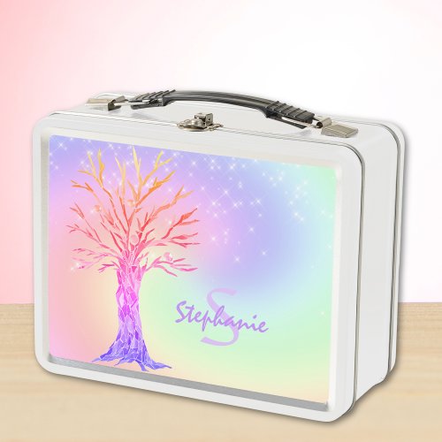 Monogram Rainbow Colors Girls Metal Lunch Box