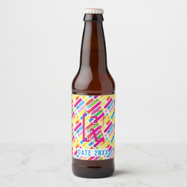 Monogram Rainbow Diagonal Lines Pattern Pop Art Beer Bottle Label (Front)