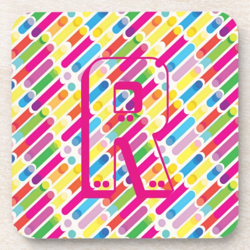 Monogram Rainbow Diagonal Lines Pattern Pop Art Beverage Coaster