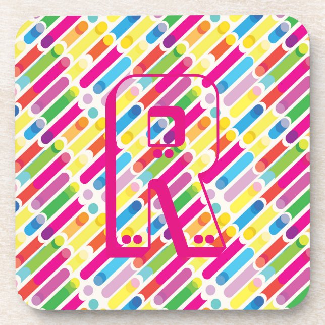 Monogram Rainbow Diagonal Lines Pattern Pop Art Beverage Coaster (Front)